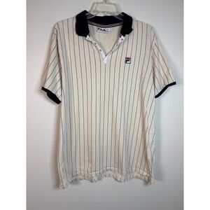 Fila Polo Shirt Men's L 52 Cream Navy Pinstripe Retro Tennis Borg Style Vintage